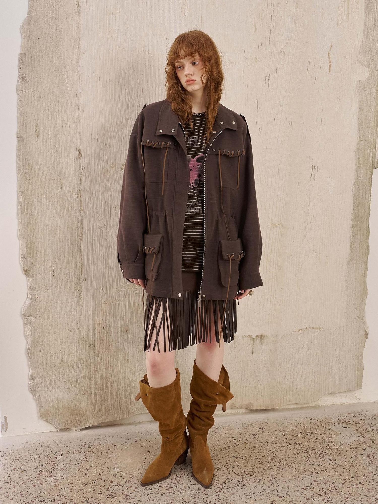 DIDDI MODA Brown Patch Embroidered Tassel Straight Mid Waist Women&