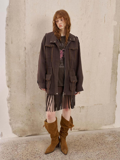 DIDDI MODA Brown Patch Embroidered Tassel Straight Mid Waist Women&