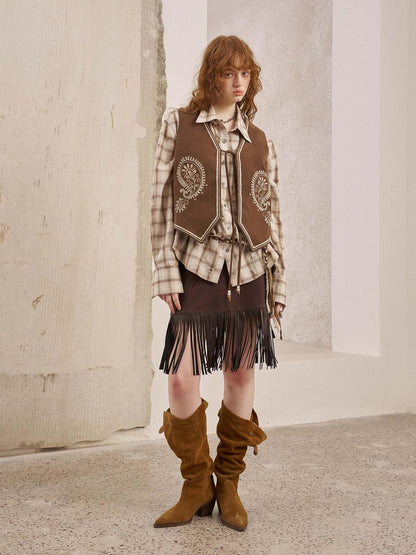 DIDDI MODA Brown Patch Embroidered Tassel Straight Mid Waist Women&