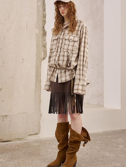 DIDDI MODA Brown Patch Embroidered Tassel Straight Mid Waist Women&