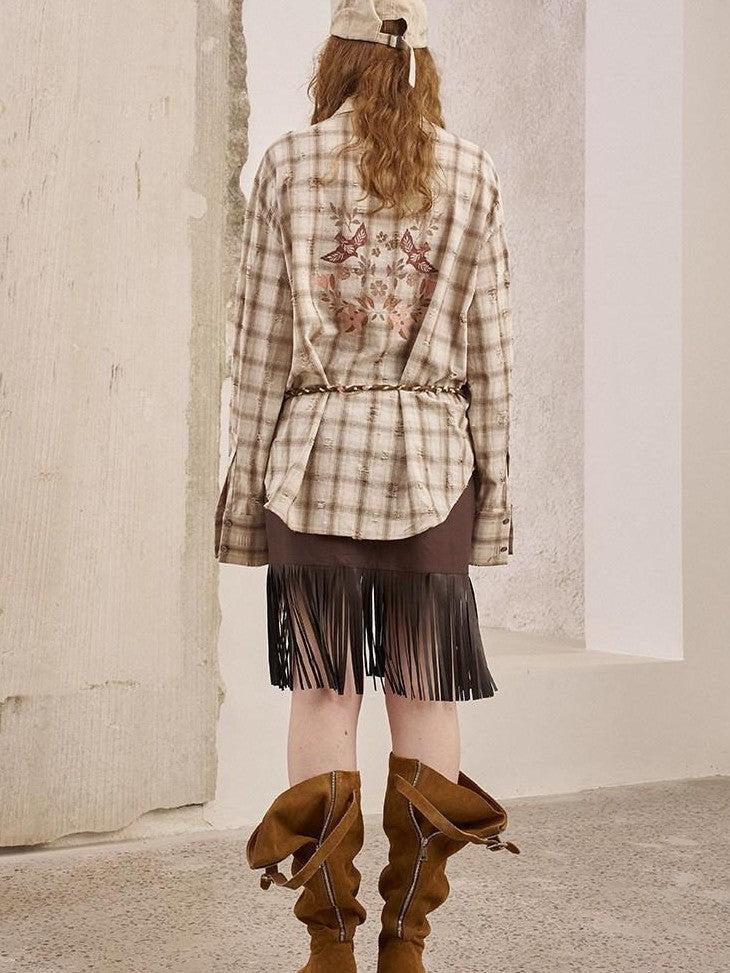 DIDDI MODA Brown Patch Embroidered Tassel Straight Mid Waist Women&