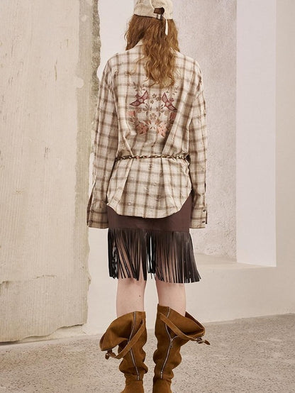DIDDI MODA Brown Patch Embroidered Tassel Straight Mid Waist Women&