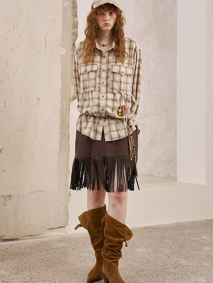 DIDDI MODA Brown Patch Embroidered Tassel Straight Mid Waist Women&