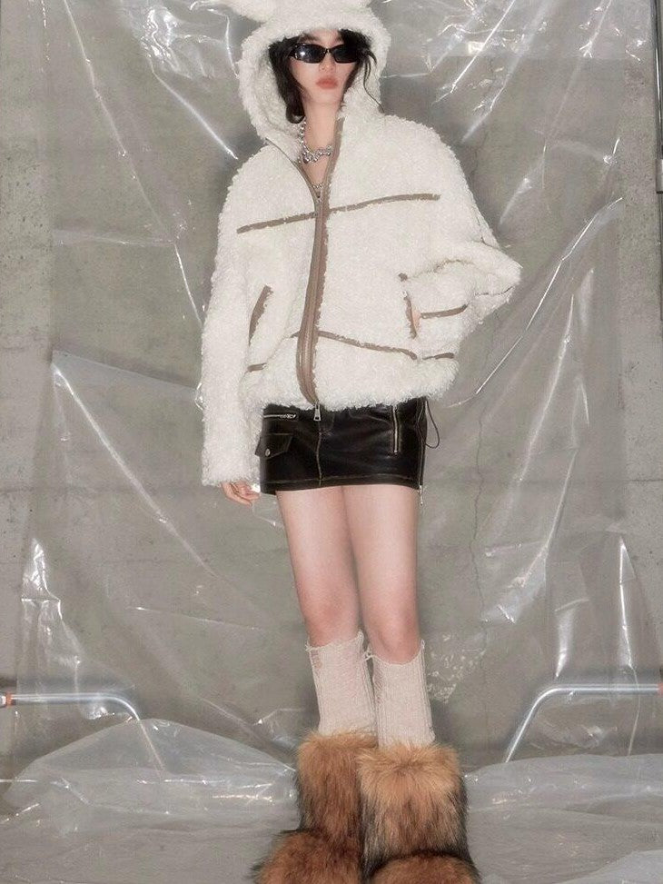 DIDDI MODA Bunny Ear Spliced Stripe Hooded Layered Bell Sleeve Women&