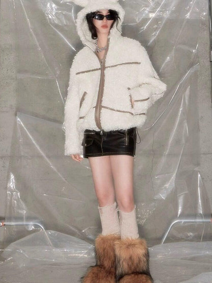 DIDDI MODA Bunny Ear Spliced Stripe Hooded Layered Bell Sleeve Women&