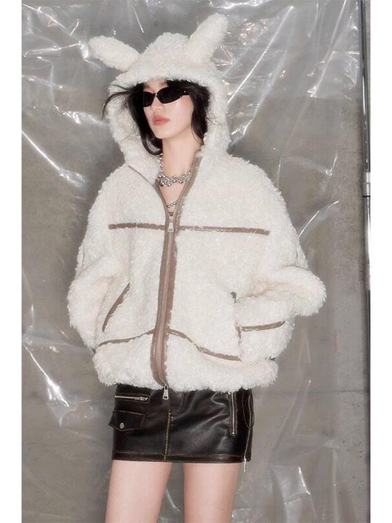 DIDDI MODA Bunny Ear Spliced Stripe Hooded Layered Bell Sleeve Women&