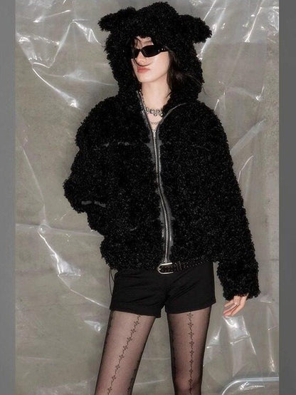 DIDDI MODA Bunny Ear Spliced Stripe Hooded Layered Bell Sleeve Women&