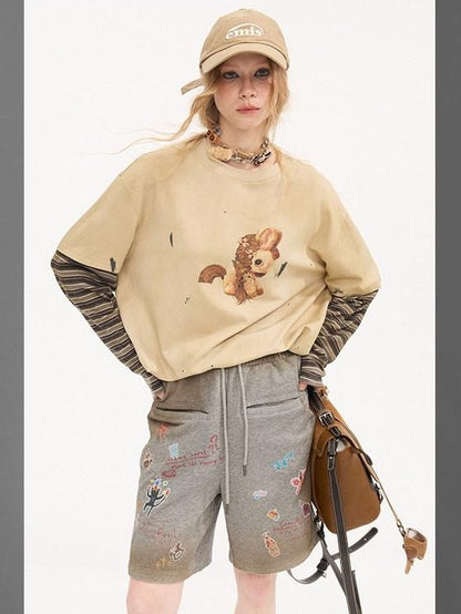 DIDDI MODA Cartoon Animal Patch Washed Pocket Decor Women&