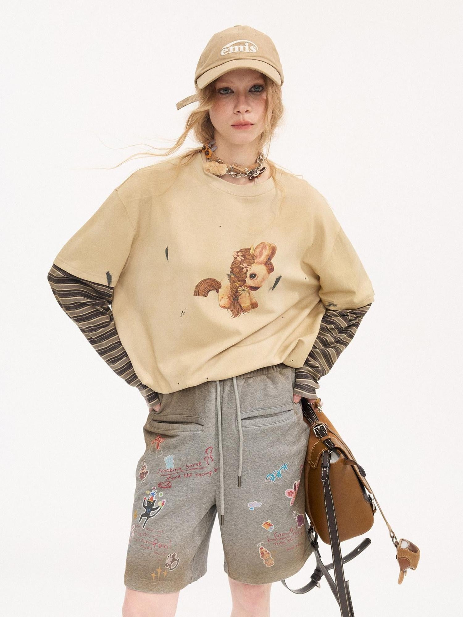 DIDDI MODA Cartoon Animal Patch Washed Pocket Decor Women&