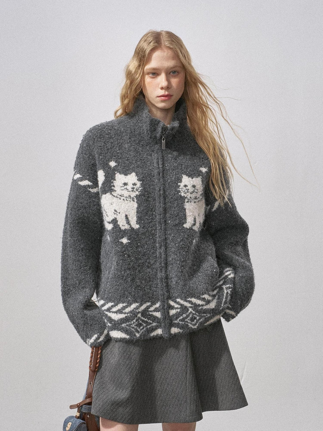 DIDDI MODA Cartoon Cat Star Jacquard Zip Loose Knit Women&