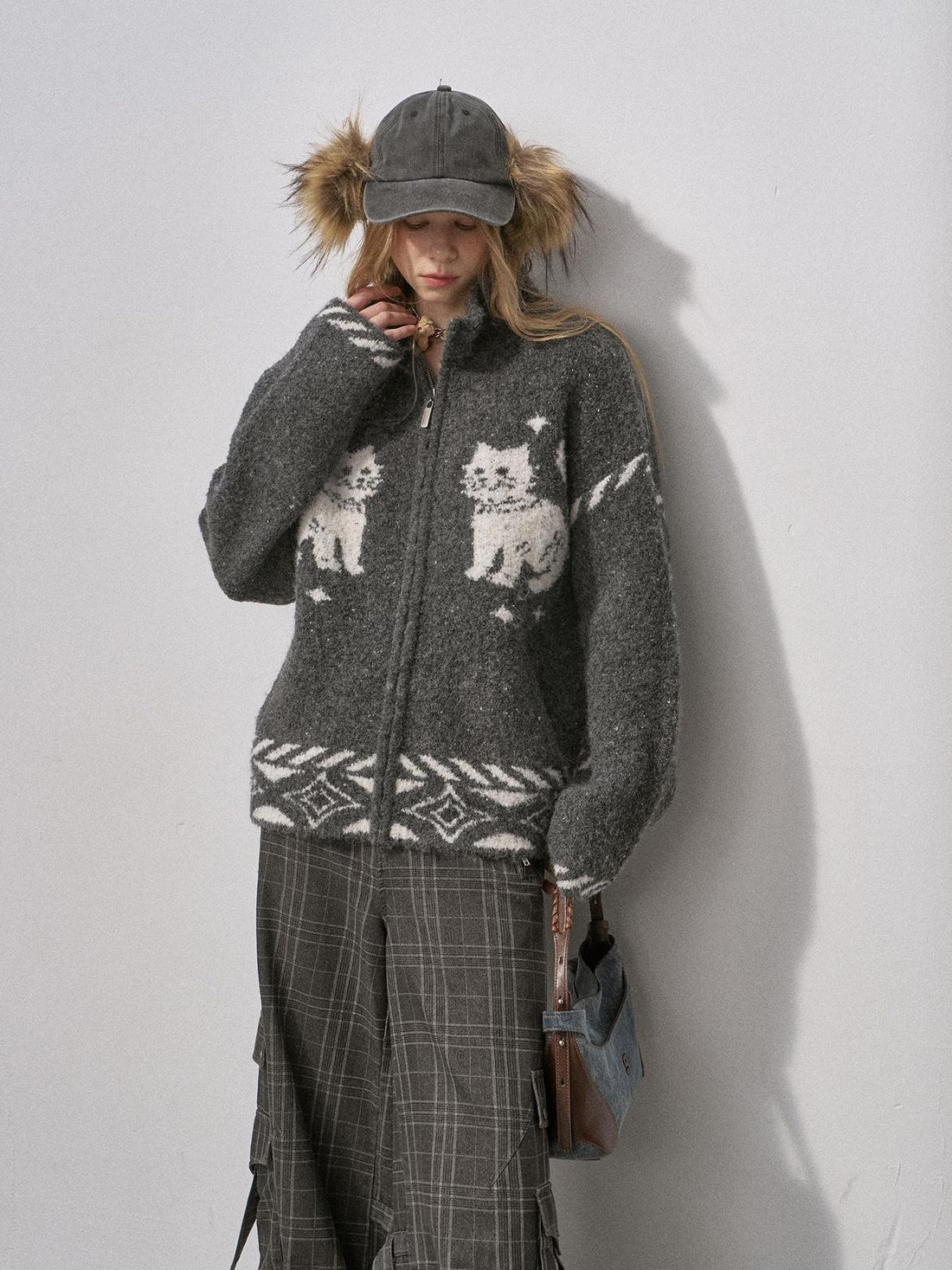 DIDDI MODA Cartoon Cat Star Jacquard Zip Loose Knit Women&