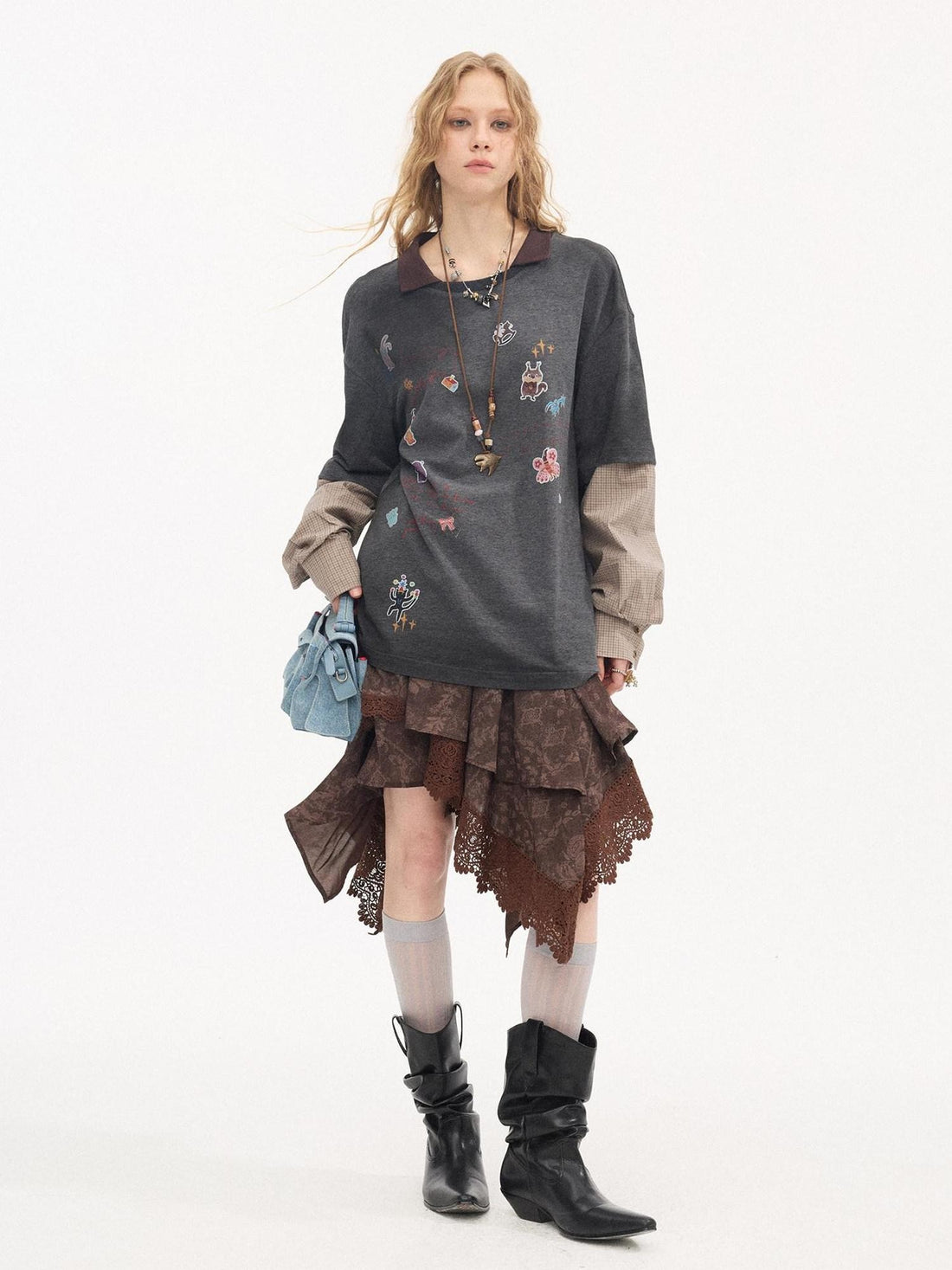 DIDDI MODA Cartoon Patch Print Distressed Faux Layered Women&