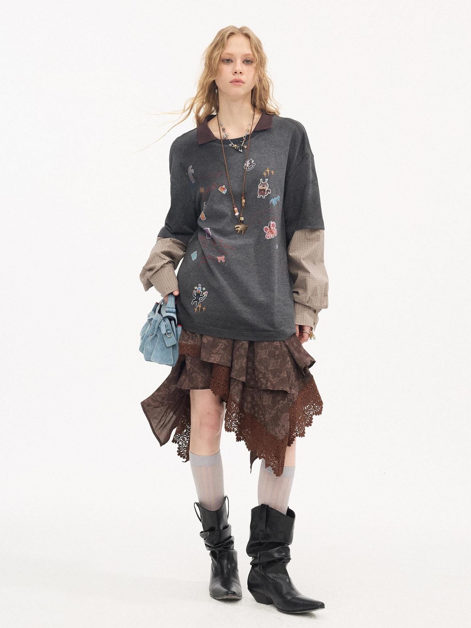 DIDDI MODA Cartoon Patch Print Distressed Faux Layered Women&