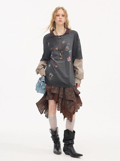 DIDDI MODA Cartoon Patch Print Distressed Faux Layered Women&
