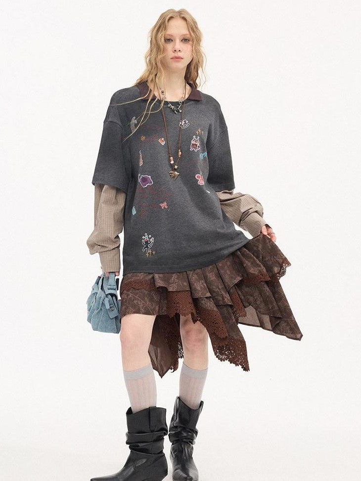DIDDI MODA Cartoon Patch Print Distressed Faux Layered Women&