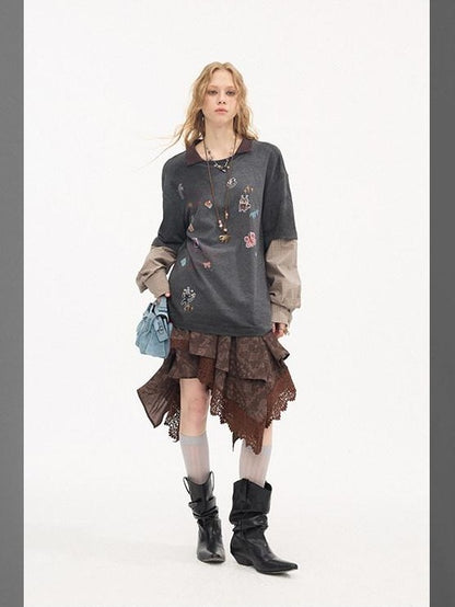 DIDDI MODA Cartoon Patch Print Distressed Faux Layered Women&