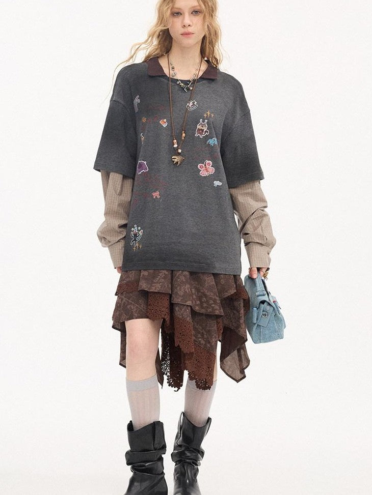 DIDDI MODA Cartoon Patch Print Distressed Faux Layered Women&