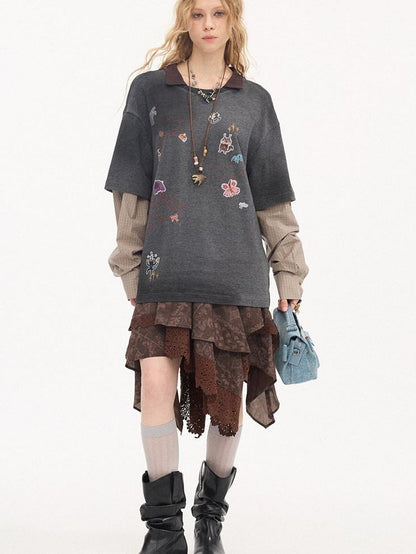 DIDDI MODA Cartoon Patch Print Distressed Faux Layered Women&