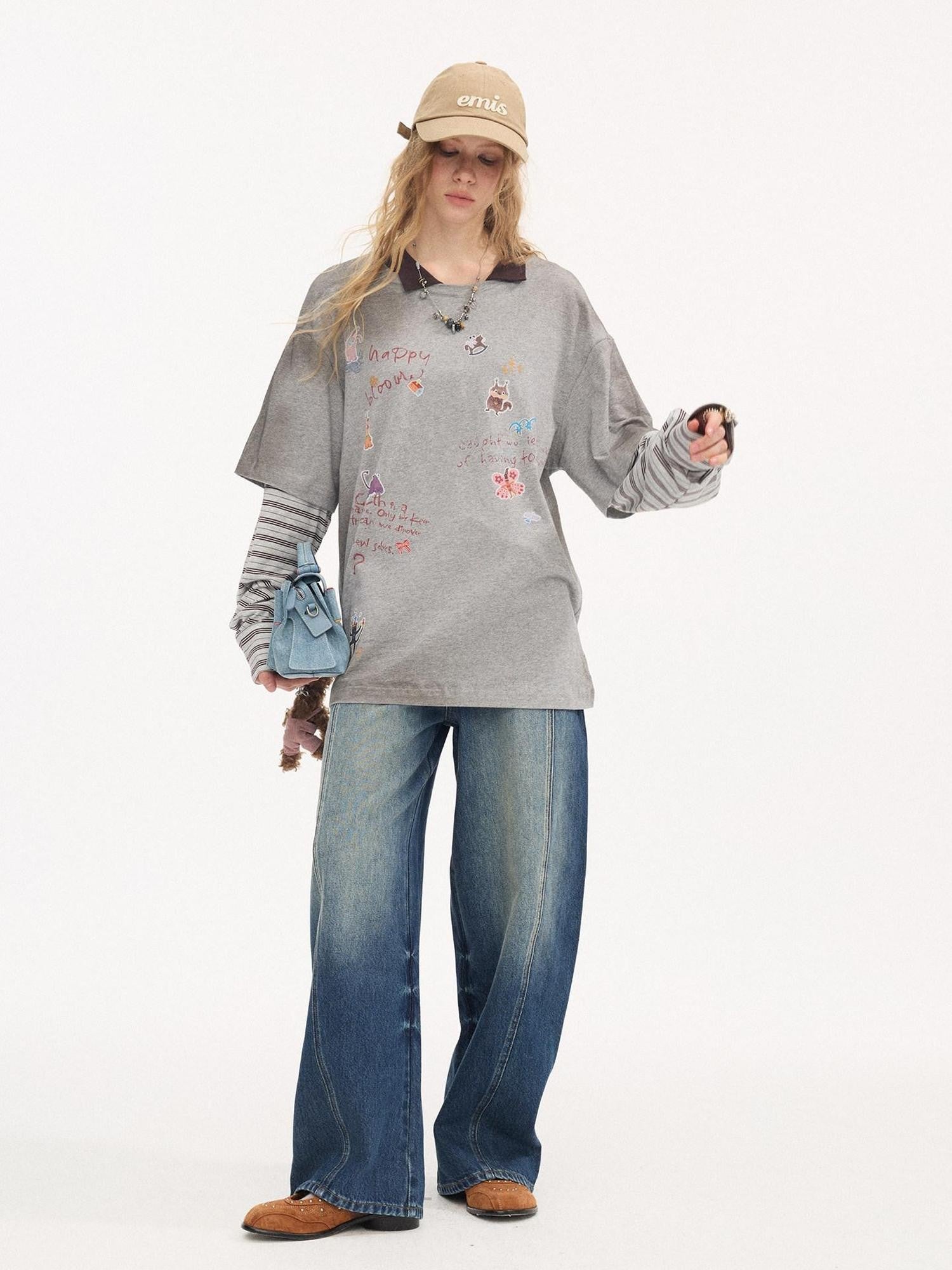 DIDDI MODA Cartoon Patch Print Distressed Faux Layered Women&