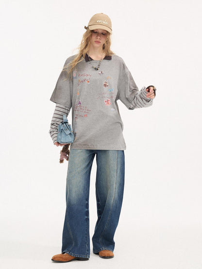 DIDDI MODA Cartoon Patch Print Distressed Faux Layered Women&