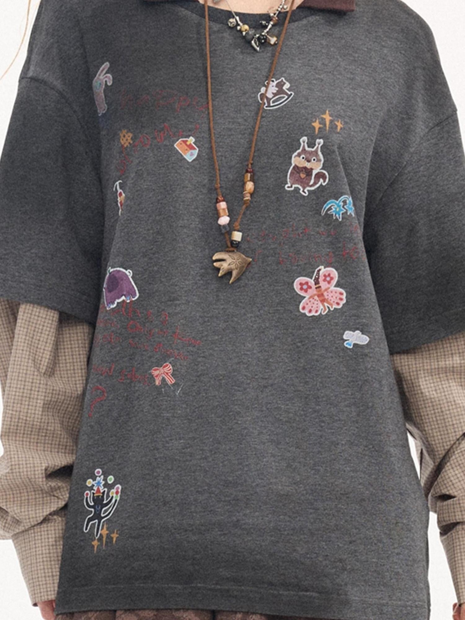 DIDDI MODA Cartoon Patch Print Distressed Faux Layered Women&