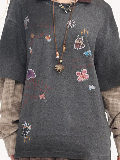 DIDDI MODA Cartoon Patch Print Distressed Faux Layered Women&
