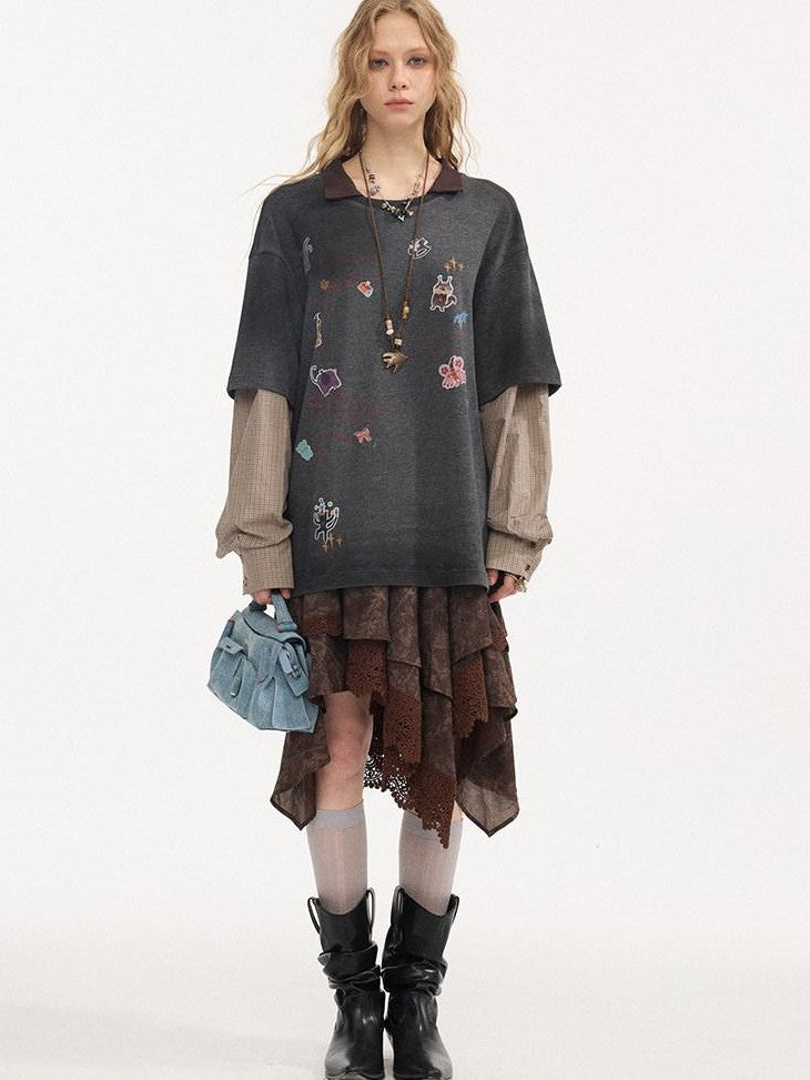 DIDDI MODA Cartoon Patch Print Distressed Faux Layered Women&