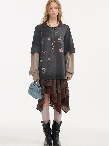 DIDDI MODA Cartoon Patch Print Distressed Faux Layered Women&