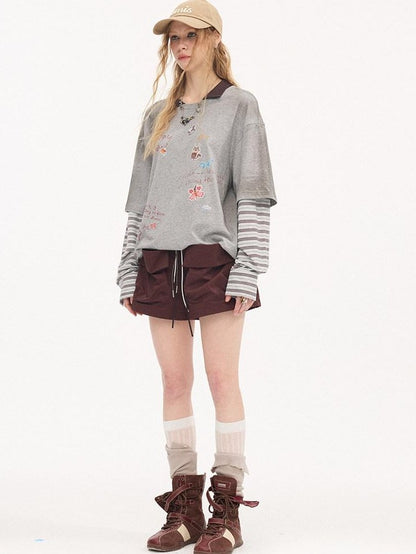 DIDDI MODA Cartoon Patch Print Distressed Faux Layered Women&