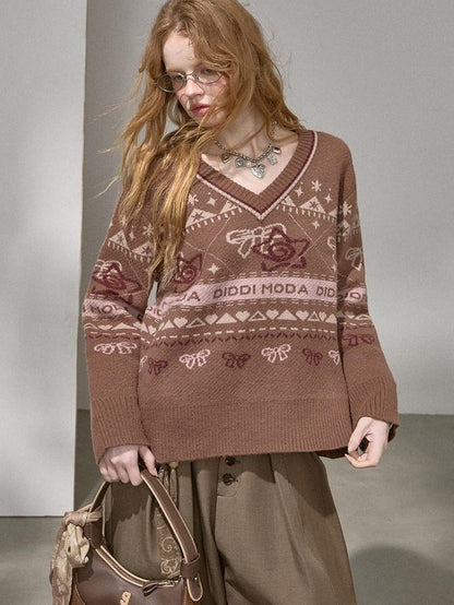 DIDDI MODA Cat Apple Fair Isle Letter Pattern Loose Fit Women&