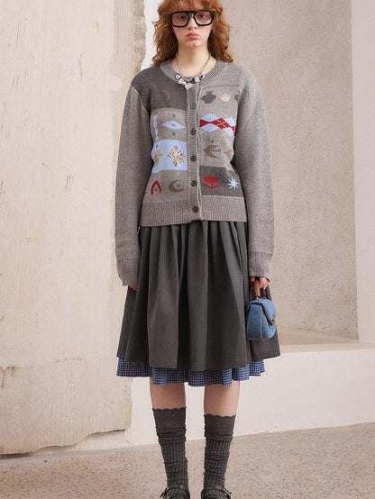DIDDI MODA Cat Apple Fair Isle Letter Pattern Loose Fit Women&