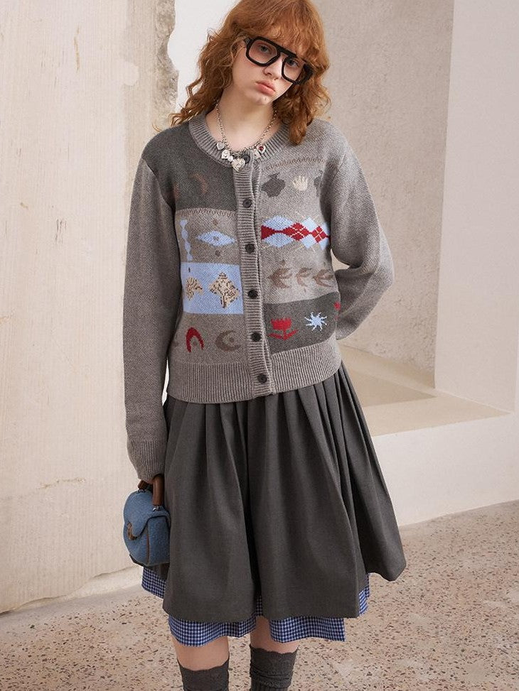 DIDDI MODA Cat Apple Fair Isle Letter Pattern Loose Fit Women&