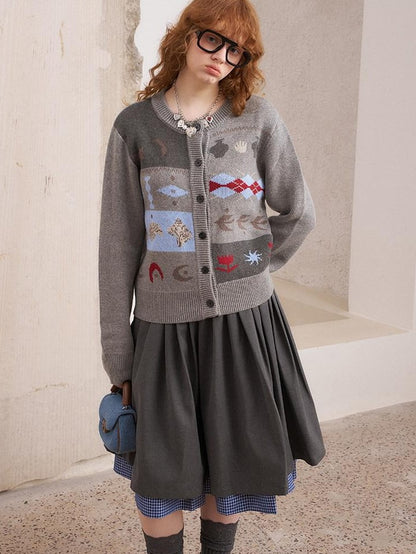 DIDDI MODA Cat Apple Fair Isle Letter Pattern Loose Fit Women&