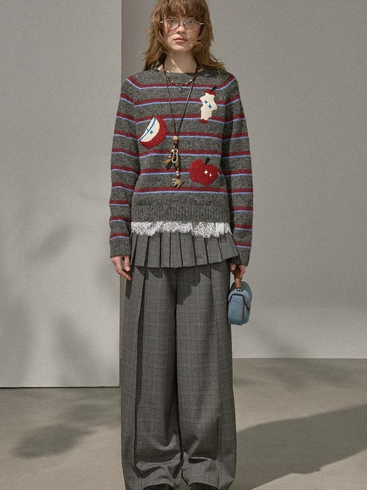 DIDDI MODA Cat Apple Fair Isle Letter Pattern Loose Fit Women&