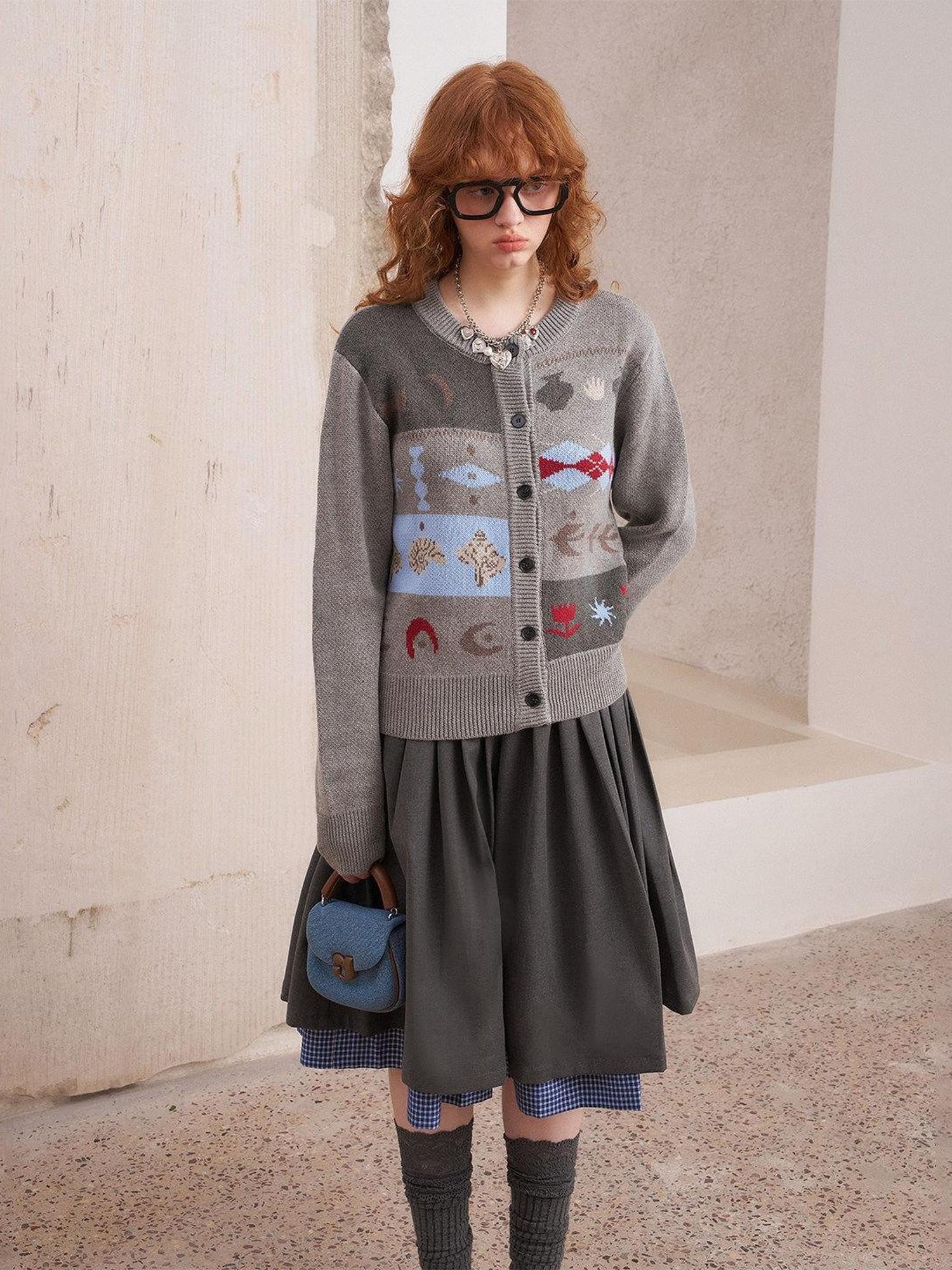 DIDDI MODA Cat Apple Fair Isle Letter Pattern Loose Fit Women&