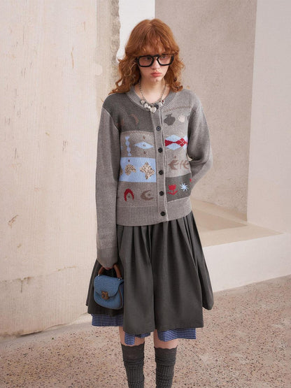 DIDDI MODA Cat Apple Fair Isle Letter Pattern Loose Fit Women&