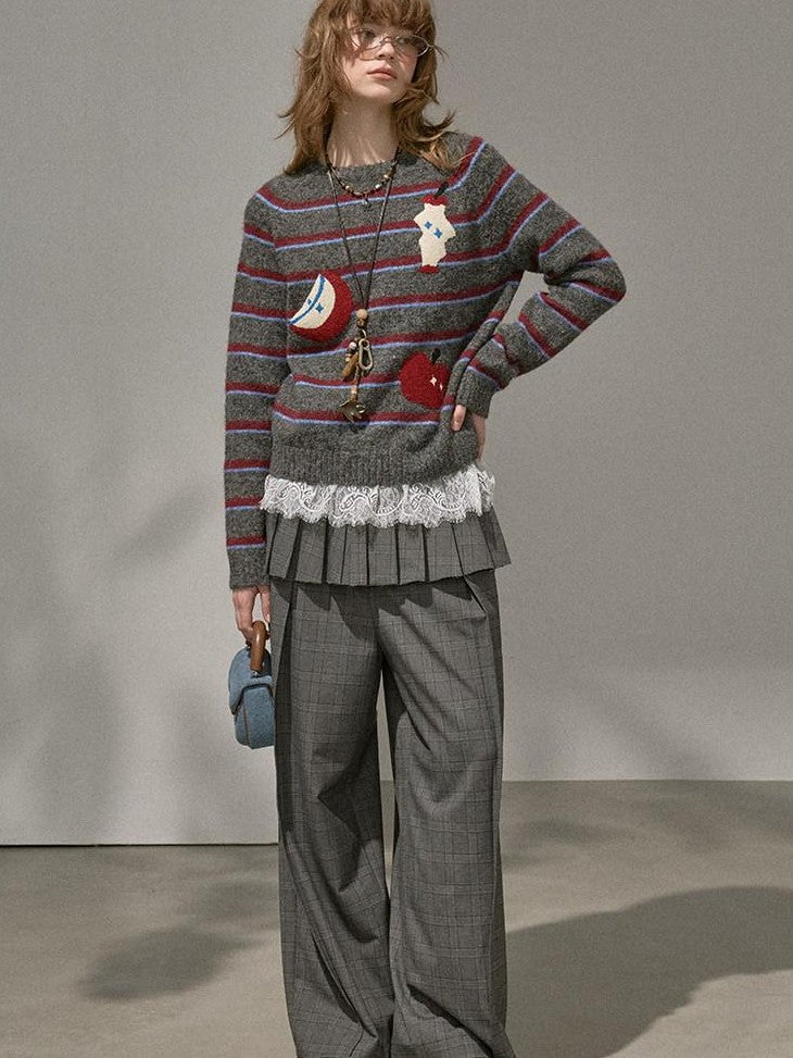 DIDDI MODA Cat Apple Fair Isle Letter Pattern Loose Fit Women&