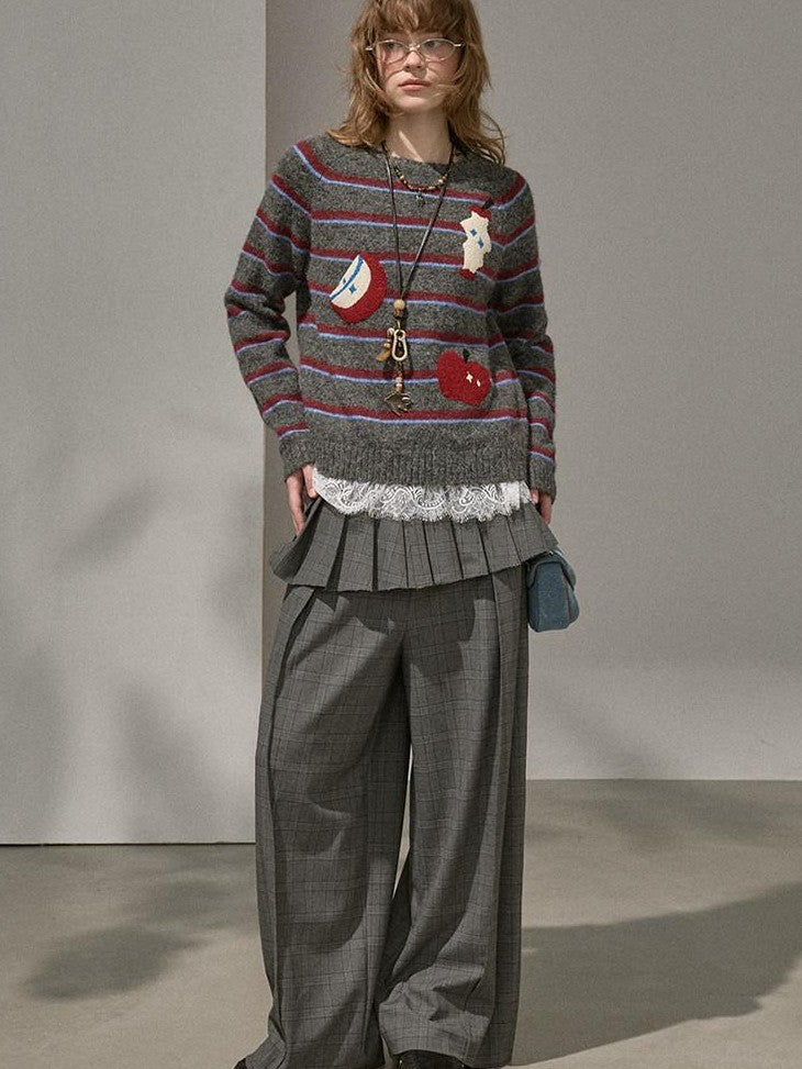 DIDDI MODA Cat Apple Fair Isle Letter Pattern Loose Fit Women&