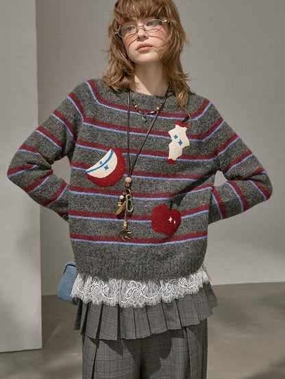 DIDDI MODA Cat Apple Fair Isle Letter Pattern Loose Fit Women&