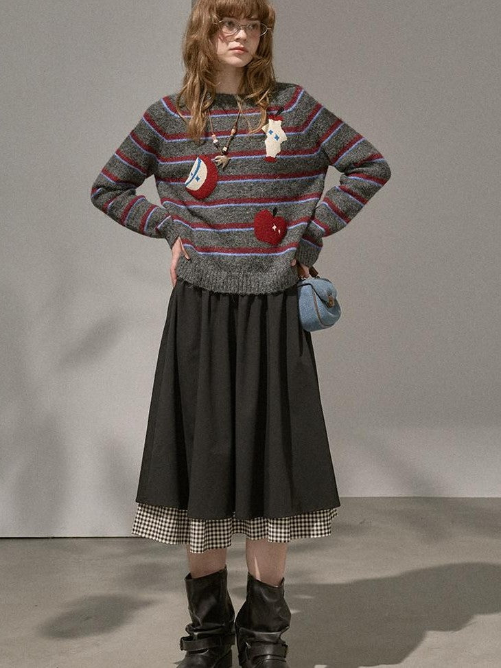 DIDDI MODA Cat Apple Fair Isle Letter Pattern Loose Fit Women&