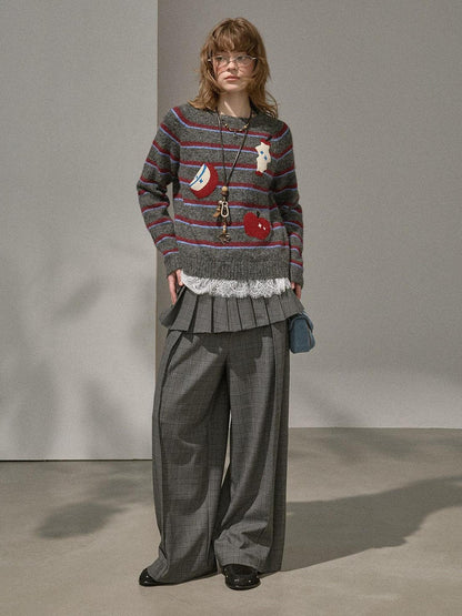 DIDDI MODA Cat Apple Fair Isle Letter Pattern Loose Fit Women&