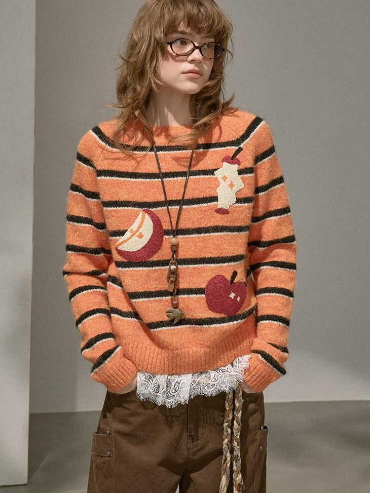 DIDDI MODA Cat Apple Fair Isle Letter Pattern Loose Fit Women&