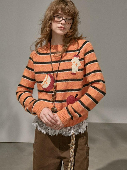 DIDDI MODA Cat Apple Fair Isle Letter Pattern Loose Fit Women&