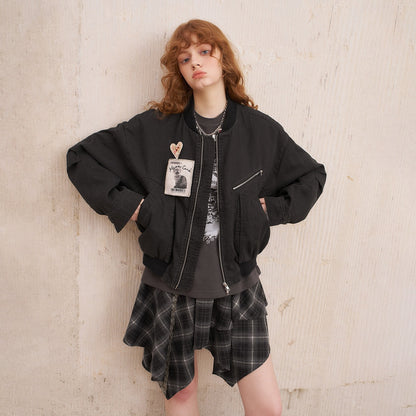 DIDDI_MODA_Cat_Badge_Washed_Zipper_Loose_Short_Drop_Shoulder_Women&