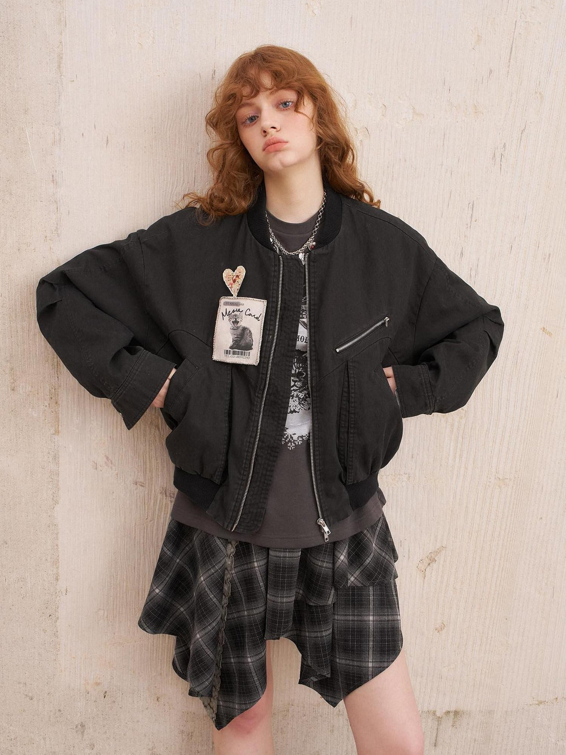 DIDDI MODA Cat Badge Washed Zipper Loose Short Drop Shoulder Women&