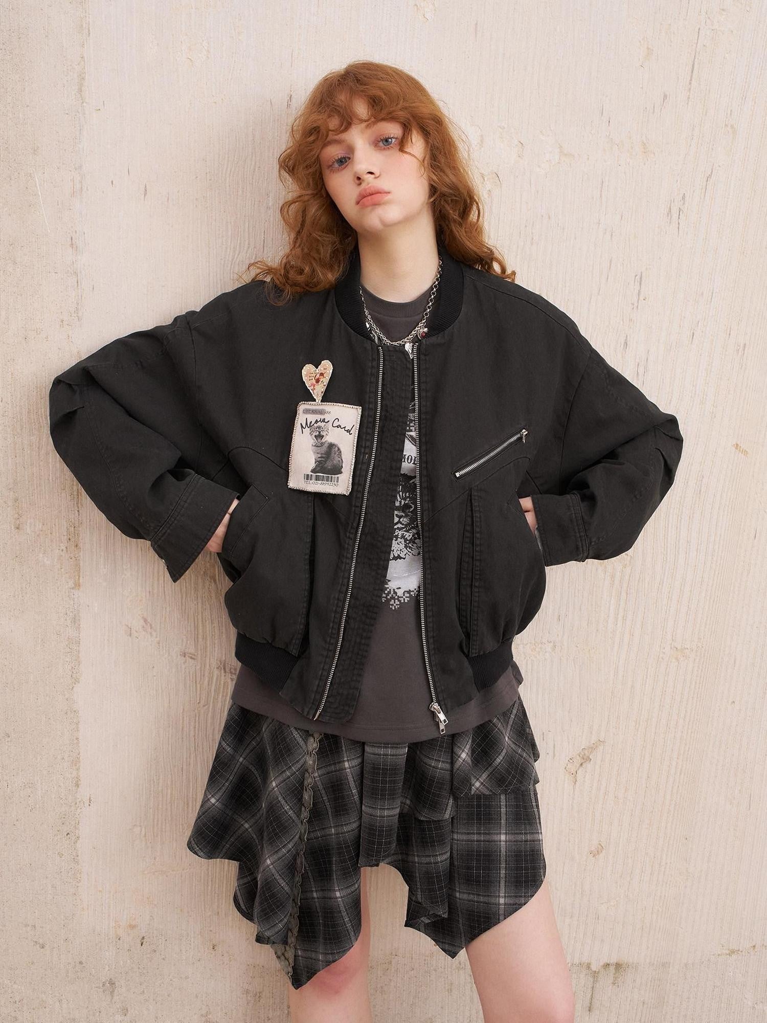 DIDDI MODA Cat Badge Washed Zipper Loose Short Drop Shoulder Women&