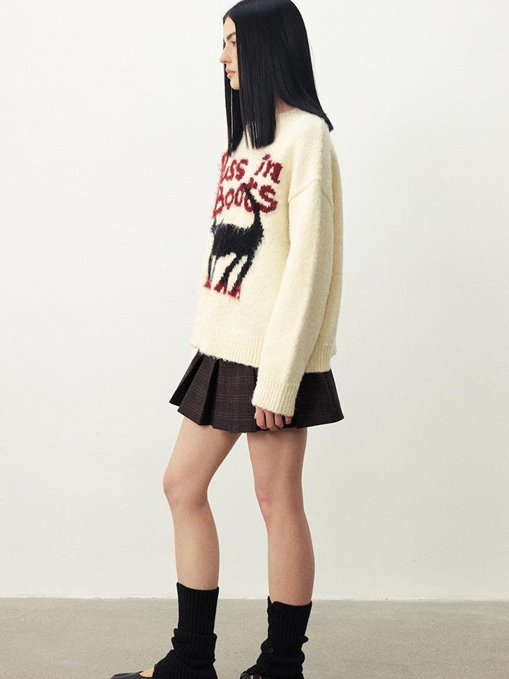 DIDDI MODA Cat Fun Jacquard Crew Neck Women&