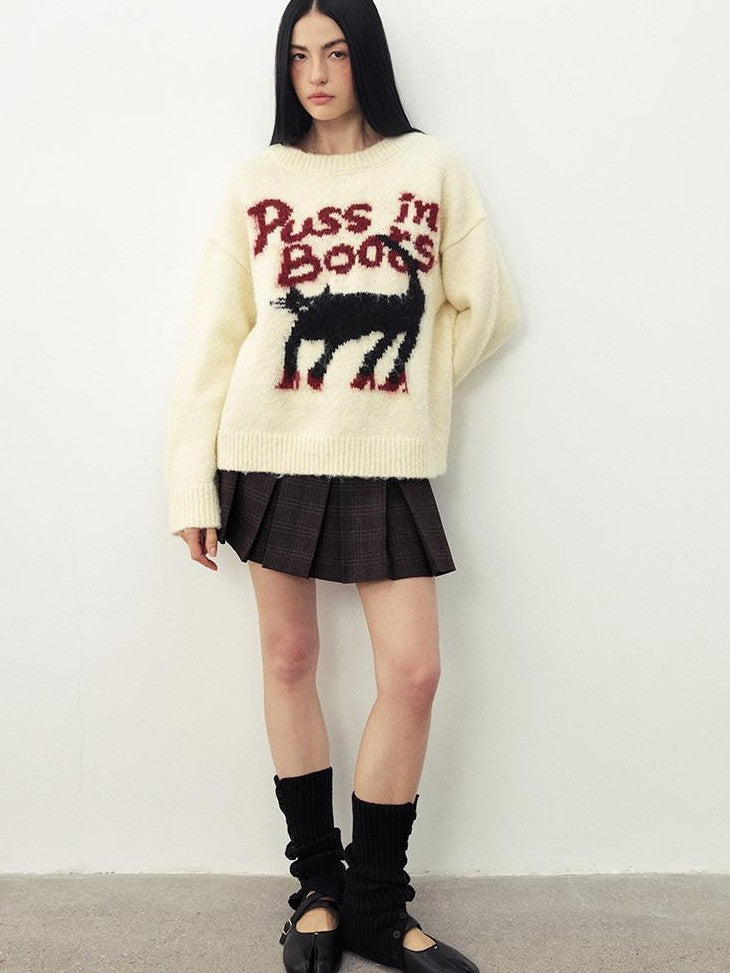DIDDI MODA Cat Fun Jacquard Crew Neck Women&