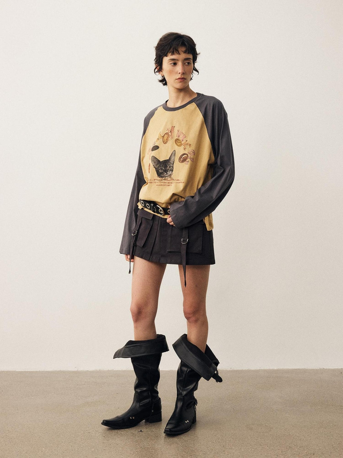 DIDDI MODA Cat Print Contrast Raglan Sleeve Cotton Women&