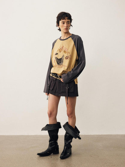 DIDDI MODA Cat Print Contrast Raglan Sleeve Cotton Women&